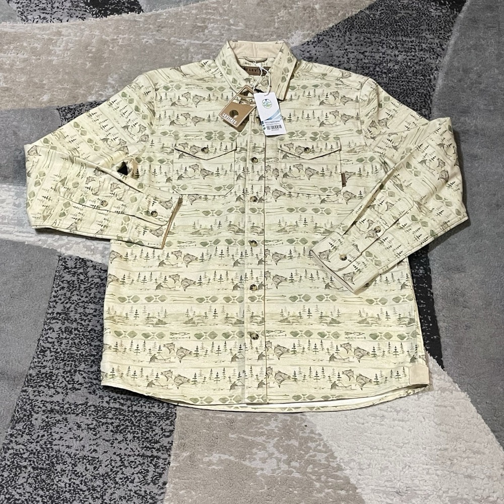 Levitate Flannel Shirt Men Large Green Fishing Print Organic Cotton Outdoors NEW